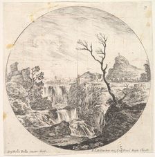 Plate 7: a triple waterfall, a dead tree to right, a mountain and a herd of cows to..., ca. 1643-48. Creator: Stefano della Bella