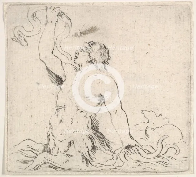 Plate 7: a triton in the water, facing left, holding up an eel in his right hand and t..., ca. 1646. Creator: Stefano della Bella.