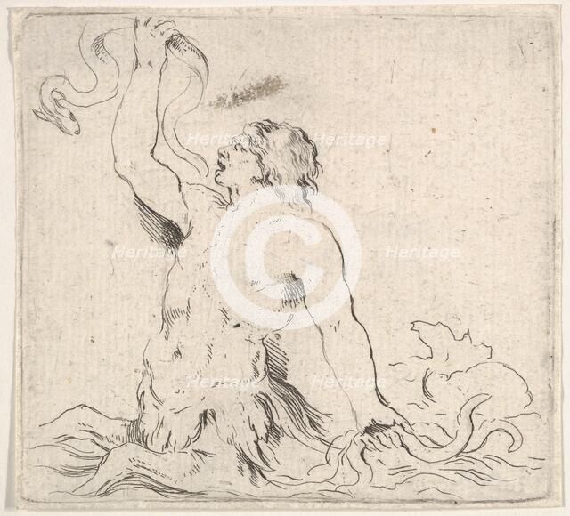 Plate 7: a triton in the water, facing left, holding up an eel in his right hand and t..., ca. 1646. Creator: Stefano della Bella.