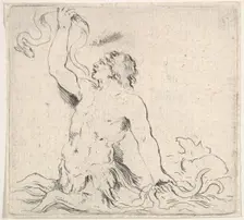Plate 7: a triton in the water, facing left, holding up an eel in his right hand and t..., ca. 1646. Creator: Stefano della Bella