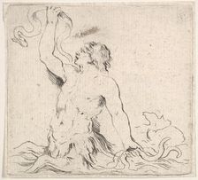 Plate 7: a triton in the water, facing left, holding up an eel in his right hand and t..., ca. 1646. Creator: Stefano della Bella