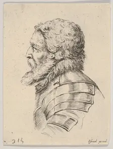 Plate 7: bust of a bearded soldier wearing armor, facing left in profile, from Various he..., 1650. Creator: Stefano della Bella