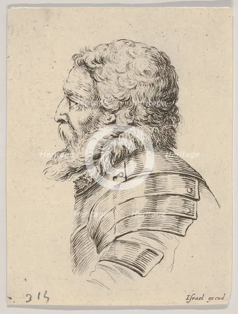 Plate 7: bust of a bearded soldier wearing armor, facing left in profile, from 'Various he..., 1650. Creator: Stefano della Bella.