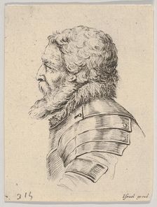 Plate 7: bust of a bearded soldier wearing armor, facing left in profile, from Various he..., 1650. Creator: Stefano della Bella