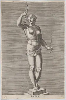 Plate 7: Diana; statue of the nude goddess standing on a socle, wearing a crescent moon in..., 1586. Creator: Philip Galle