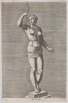 Plate 7: Diana; statue of the nude goddess standing on a socle, wearing a crescent moon in..., 1586. Creator: Philip Galle