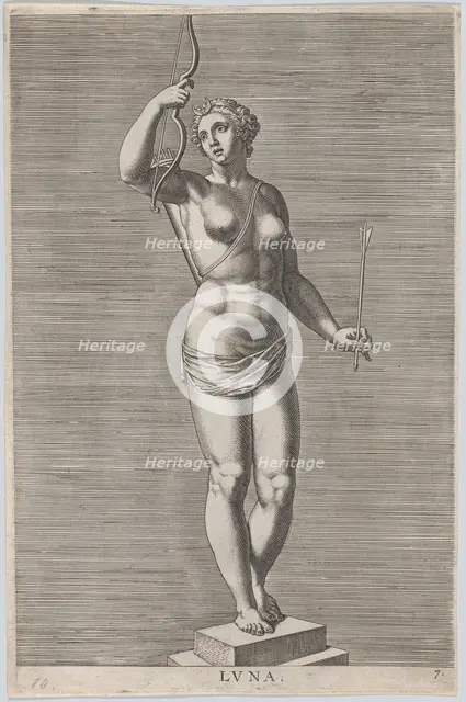 Plate 7: Diana; statue of the nude goddess standing on a socle, wearing a crescent moon in..., 1586. Creator: Philip Galle.