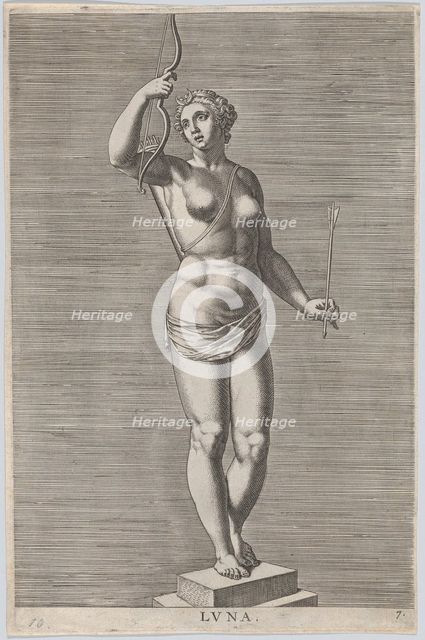 Plate 7: Diana; statue of the nude goddess standing on a socle, wearing a crescent moon in..., 1586. Creator: Philip Galle.