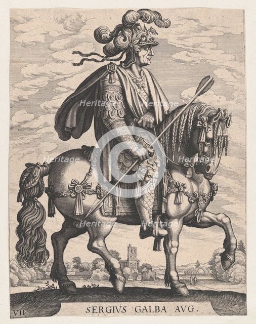 Plate 7: Emperor Galba on Horseback, from 'The First Twelve Roman Caesars' after Tempes..., 1610-50. Creator: Matthaus Merian.