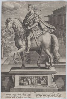 Plate 7: equestrian statue of Galba, in profile to the left, with a beheading scene..., ca. 1587-89. Creator: Adriaen Collaert