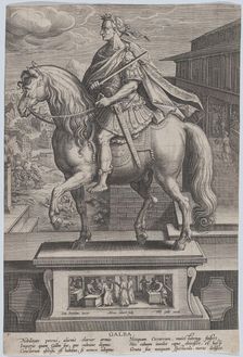 Plate 7: equestrian statue of Galba, in profile to the left, with a beheading scene..., ca. 1587-89. Creator: Adriaen Collaert