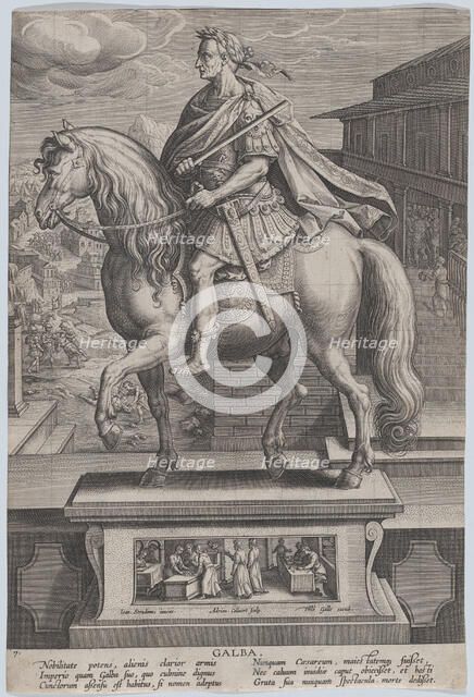 Plate 7: equestrian statue of Galba, in profile to the left, with a beheading scene..., ca. 1587-89. Creator: Adriaen Collaert.
