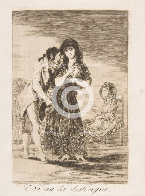 Plate 7 from 'Los Caprichos' : Even thus he cannot make her out (Ni asi la distingue.), 1799. Creator: Francisco Goya.