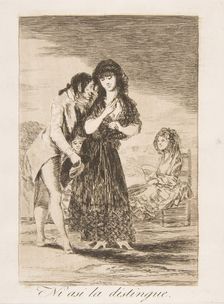 Plate 7 from Los Caprichos : Even thus he cannot make her out (Ni asi la distingue.), 1799. Creator: Francisco Goya