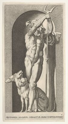 Plate 7: Pluto in a niche, holding a bident, with Cerberus next to him, from a series of m..., 1526. Creator: Giovanni Jacopo Caraglio