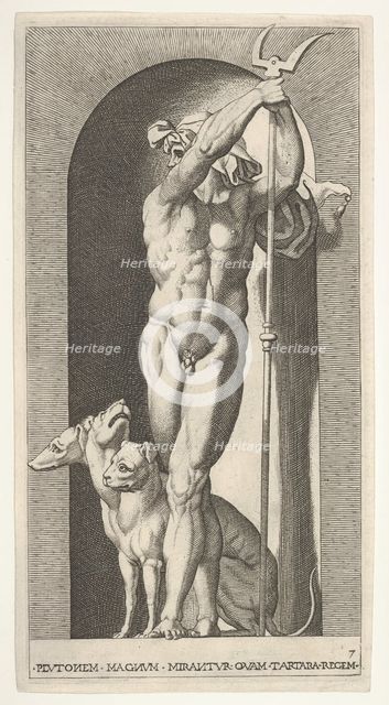 Plate 7: Pluto in a niche, holding a bident, with Cerberus next to him, from a series of m..., 1526. Creator: Giovanni Jacopo Caraglio.