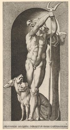 Plate 7: Pluto in a niche, holding a bident, with Cerberus next to him, from a series of m..., 1526. Creator: Giovanni Jacopo Caraglio