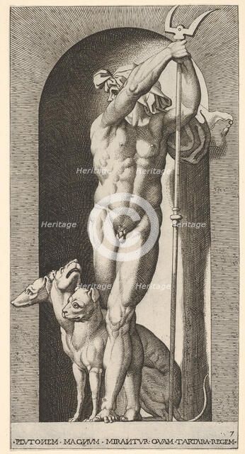 Plate 7: Pluto in a niche, holding a bident, with Cerberus next to him, from a series of m..., 1526. Creator: Giovanni Jacopo Caraglio.