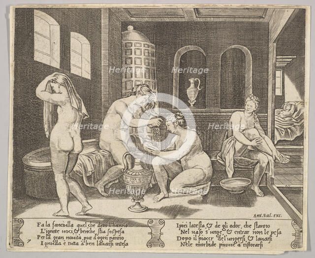 Plate 7: Psyche attended in her bath by nymphs, in the background right Psyche repr..., ca. 1520-36. Creator: Agostino Veneziano.