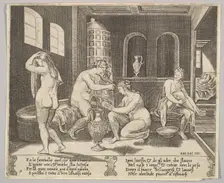 Plate 7: Psyche attended in her bath by nymphs, in the background right Psyche repr..., ca. 1520-36. Creator: Agostino Veneziano