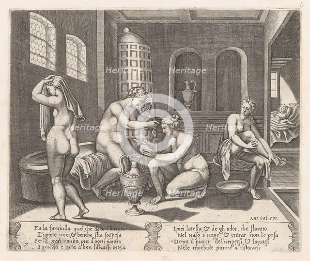 Plate 7: Psyche attended in her bath, from the Story of Cupid and Psyche as told by Apu..., 1530-60. Creator: Agostino Veneziano.