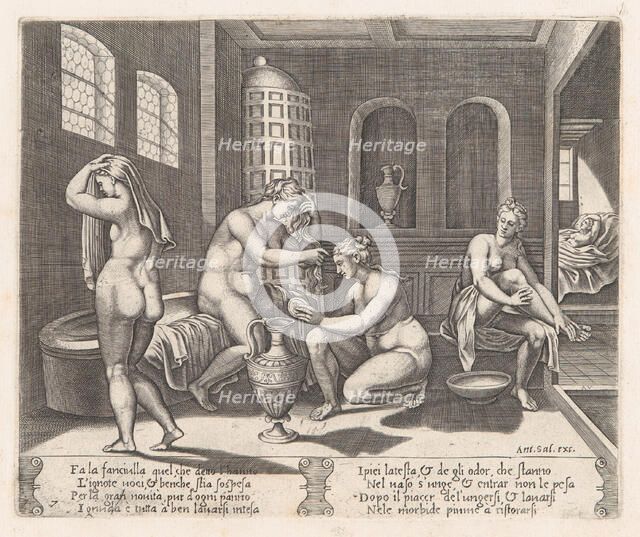 Plate 7: Psyche attended in her bath, from the Story of Cupid and Psyche as told by Apu..., 1530-60. Creator: Agostino Veneziano.