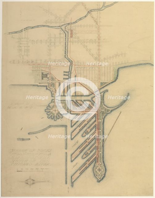 Plate 71 from The Plan of Chicago, 1909: Chicago. Sketch Diagram of Docks Suggested at the... Creator: Daniel Burnham.