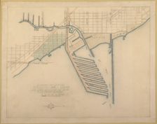 Plate 72 from The Plan of Chicago, 1909: Chicago. Sketch Diagram of Docks Suggested at the Mouth... Creator: Daniel Burnham