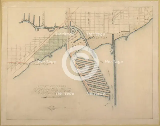 Plate 72 from The Plan of Chicago, 1909: Chicago. Sketch Diagram of Docks Suggested at the Mouth... Creator: Daniel Burnham.