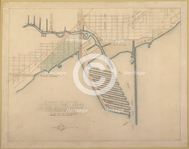 Plate 72 from The Plan of Chicago, 1909: Chicago. Sketch Diagram of Docks Suggested at the Mouth... Creator: Daniel Burnham.