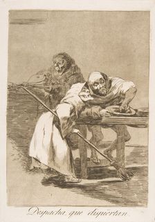 Plate 78 from Los Caprichos': Be quick, they are waking up (Despacha, que dispiértan.), 1799. Creator: Francisco Goya