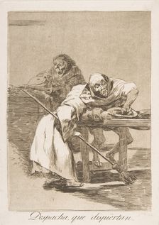 Plate 78 from Los Caprichos': Be quick, they are waking up (Despacha, que dispiertan.), 1799. Creator: Francisco Goya