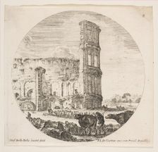 Plate 8: the Colosseum, two herds being directed towards the amphitheater in the foreg..., ca. 1646. Creator: Stefano della Bella