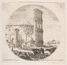 Plate 8: the Colosseum, two herds being directed towards the amphitheater in the foreg..., ca. 1646. Creator: Stefano della Bella