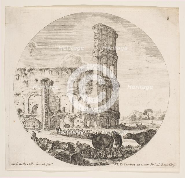 Plate 8: the Colosseum, two herds being directed towards the amphitheater in the foreg..., ca. 1646. Creator: Stefano della Bella.