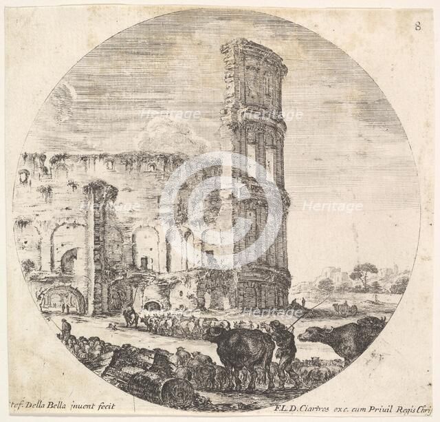 Plate 8: the Colosseum, two herds being directed towards the amphitheater in the fo..., ca. 1643-48. Creator: Stefano della Bella.