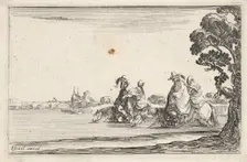 Plate 8: two horsemen in hats at right, each with a woman seated behind them, riding t..., ca. 1642. Creator: Stefano della Bella