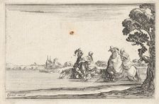 Plate 8: two horsemen in hats at right, each with a woman seated behind them, riding t..., ca. 1642. Creator: Stefano della Bella