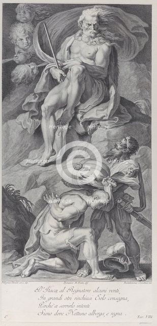 Plate 8: Ulysses receiving the winds in a leather bag from Aeolus, 1756. Creators: Bartolomeo Crivellari, Domenico Maria Fratta.