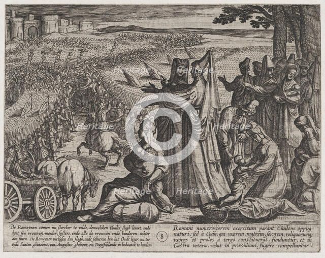 Plate 8: Women and Children Observe Civilis Battling the Romans, from The War of the Roma..., 1611. Creator: Antonio Tempesta.