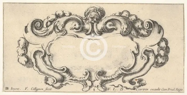 Plate 8: a cartouche with the head of an old man at top center, scrollwork to eithe..., ca. 1640-45. Creator: Francois Collignon.