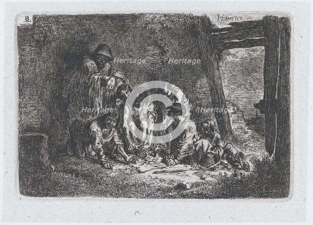 Plate 8: a group of figures some of whom are playing a game, from the series of customs an..., 1850. Creator: Francisco Lameyer Berenguer.