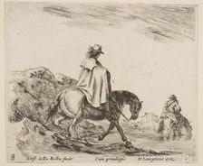 Plate 8: a horseman descends a riverbank, another horseman in river to right, from ..., ca. 1644-47. Creator: Stefano della Bella