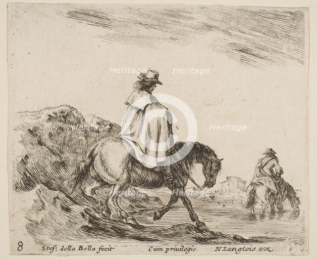 Plate 8: a horseman descends a riverbank, another horseman in river to right, from ..., ca. 1644-47. Creator: Stefano della Bella.