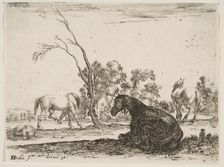 Plate 8: a seated horse to right, seen from behind and turned to the left, three other hor..., 1642. Creator: Stefano della Bella