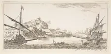 Plate 8: A the bow of a galley at left and another galley at right, seen from behind..., ca. 1641. Creator: Stefano della Bella