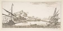 Plate 8: A the bow of a galley at left and another galley at right, seen from behind..., ca. 1641. Creator: Stefano della Bella