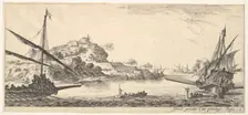 Plate 8: A the bow of a galley at left and another galley at right, seen from behind..., ca. 1641. Creator: Stefano della Bella