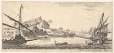 Plate 8: A the bow of a galley at left and another galley at right, seen from behind..., ca. 1641. Creator: Stefano della Bella