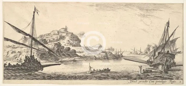 Plate 8: A the bow of a galley at left and another galley at right, seen from behind..., ca. 1641. Creator: Stefano della Bella.